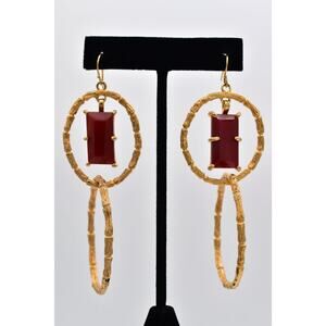 Tracy Porter Gold Hoop Earrings Red Lucite Drops Dangle Signed 1990s BinAI